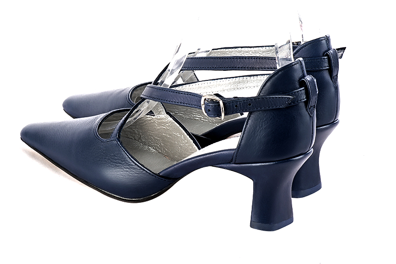 Navy blue women's open side shoes, with crossed straps. Tapered toe. Medium spool heels. Rear view - Florence KOOIJMAN